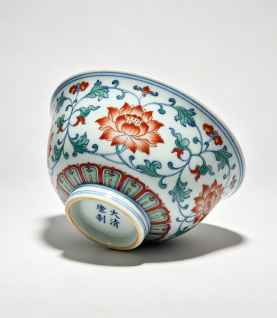 Chinese Qing Dynasty-Style Doucai Porcelain Bowl with Lotus Pattern, Marked "Da Qing Qianlong Zhi"