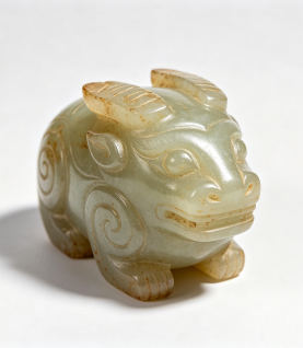 Chinese Archaistic Carved Celadon Jade Mythical Beast (Bixie) Ornament
